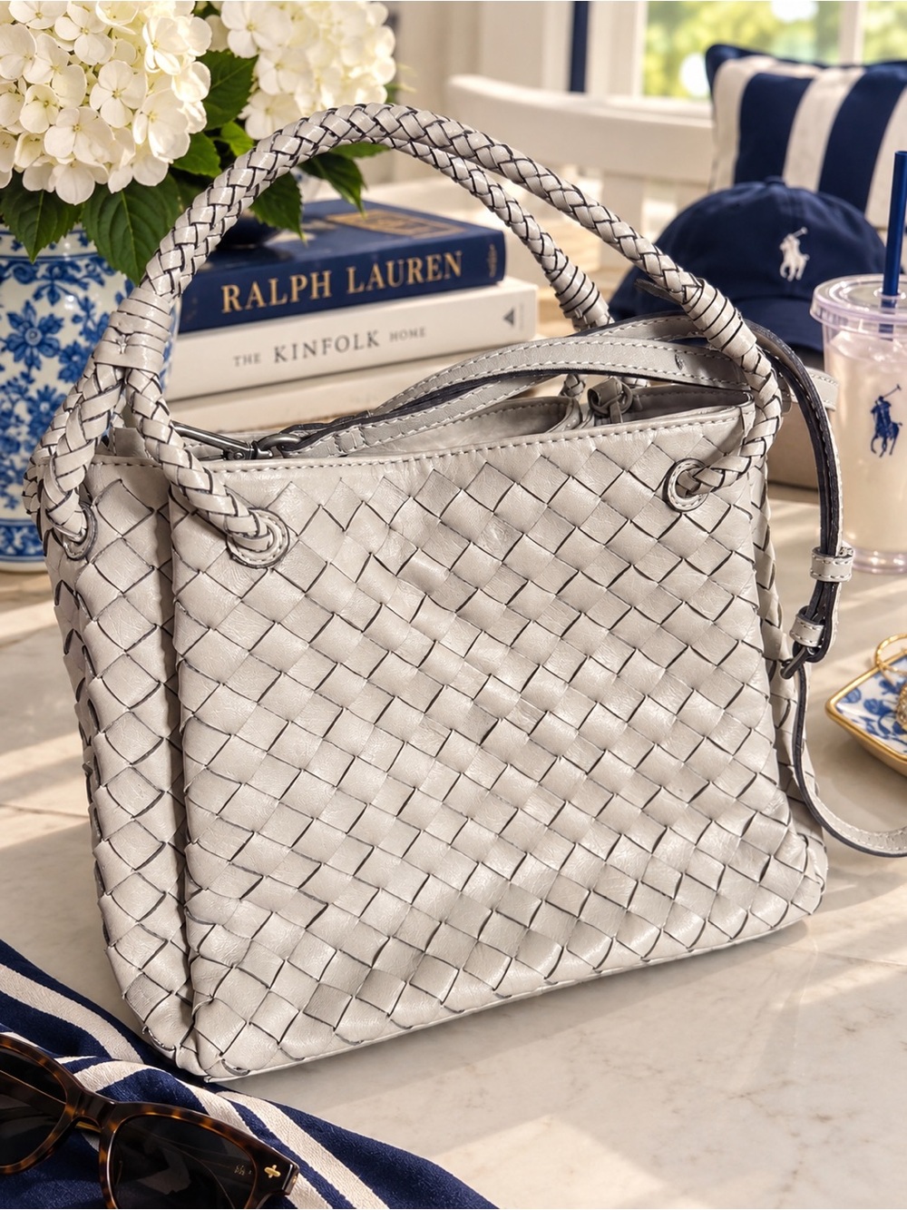 Woven genuine Leather Satchel in Silver with gunmetal hardware